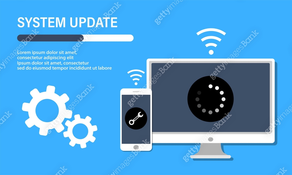System update illustration on computer and phone screen. Loading ...