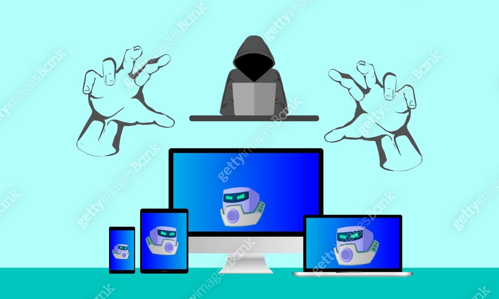 Illustration of insecure network, computer, laptop, tablet and ...