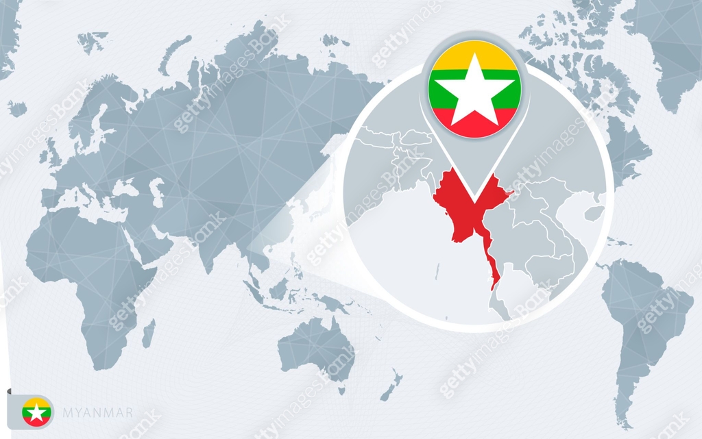 Pacific Centered World map with magnified Myanmar. Flag and map of ...