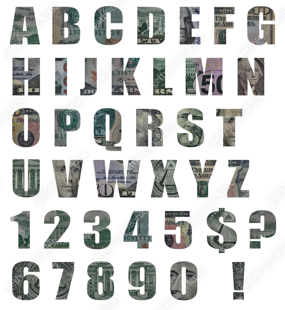 Hi-res money alphabet: Variety of US banknotes cut out as letters and ...