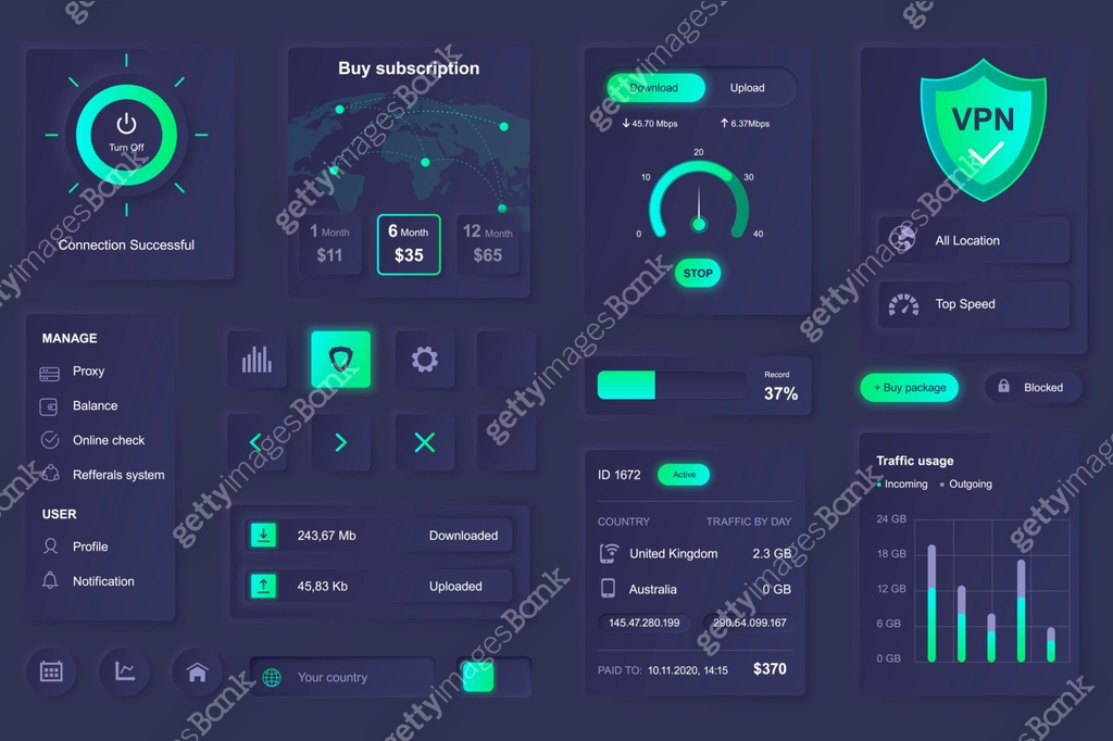 User interface elements for VPN service mobile app. Unique neumorphic ...