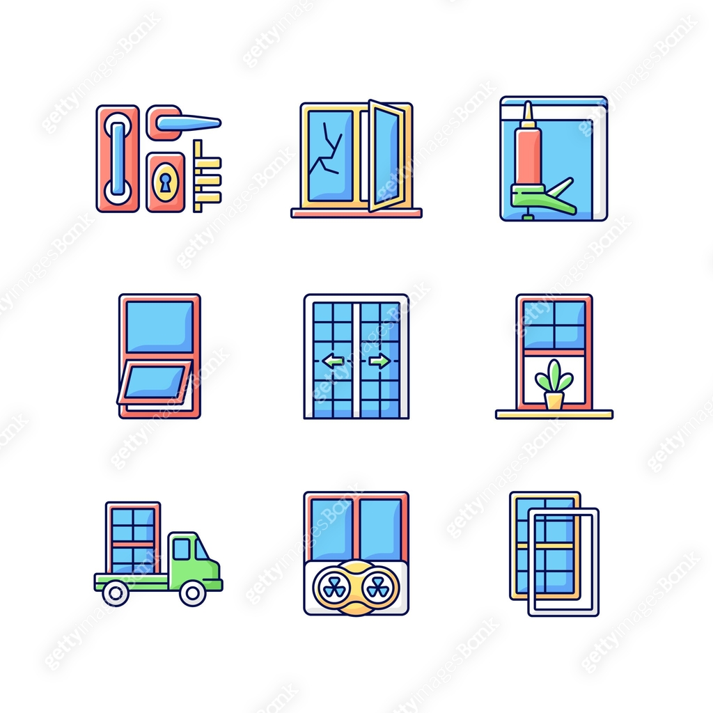 Pd Window Icon Window and door installations RGB color icons set 이미지 (1303679556) 일러스트 ...