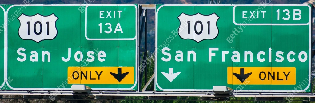 Interstate 101 highway road sign showing drivers the directions to San ...