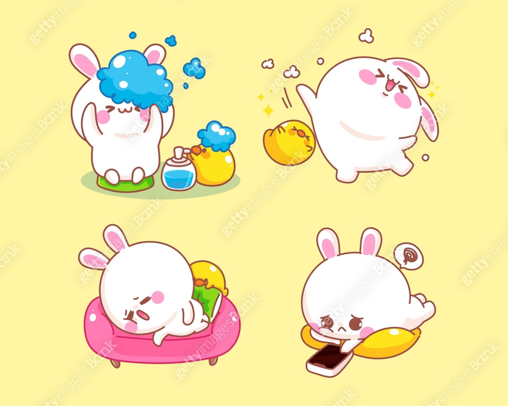 Cute rabbit with duck doing activities at home cartoon illustration 이미지 ...