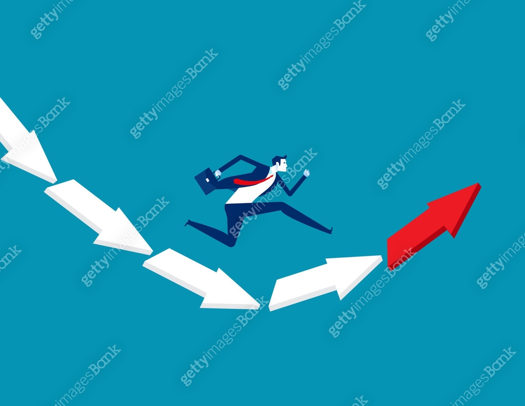 Status Items Rising Falling Businessman jumping from falling arrow to rising arrow. Direction ...