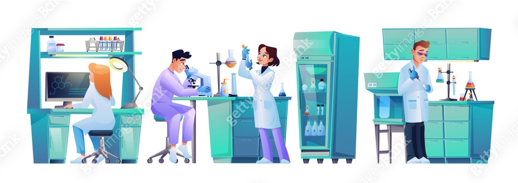 Set of laboratory assistants working at computer, conducting ...