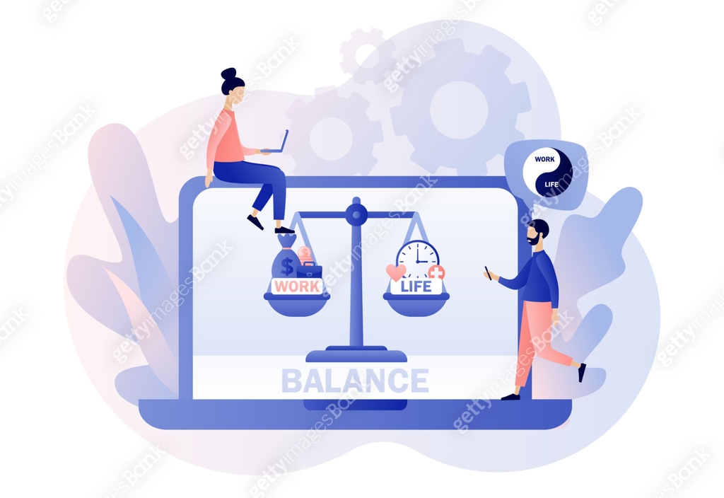 Work and life balance. Scales as symbol of life balance. Tiny people ...