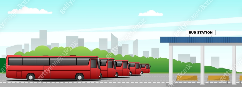 Bus Following Distance Visual Vector bus station, intercity buses on the background of the cityscape ...