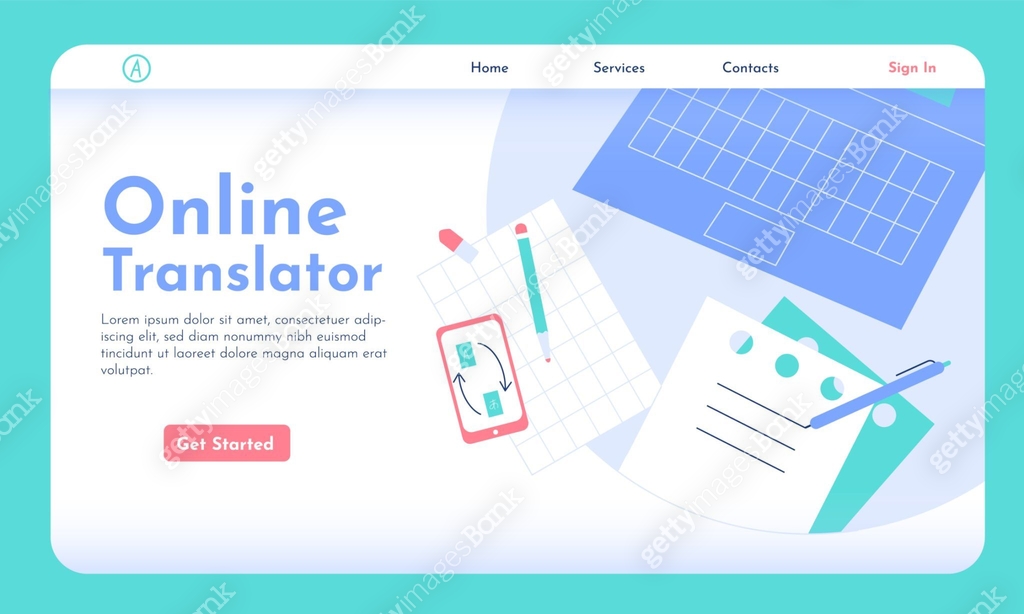 Online translator website hero image template. Working place of a ...