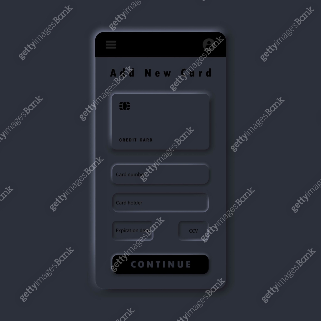 Add new card. Vector mobile ui. Neumorphic UI UX dark user interface ...