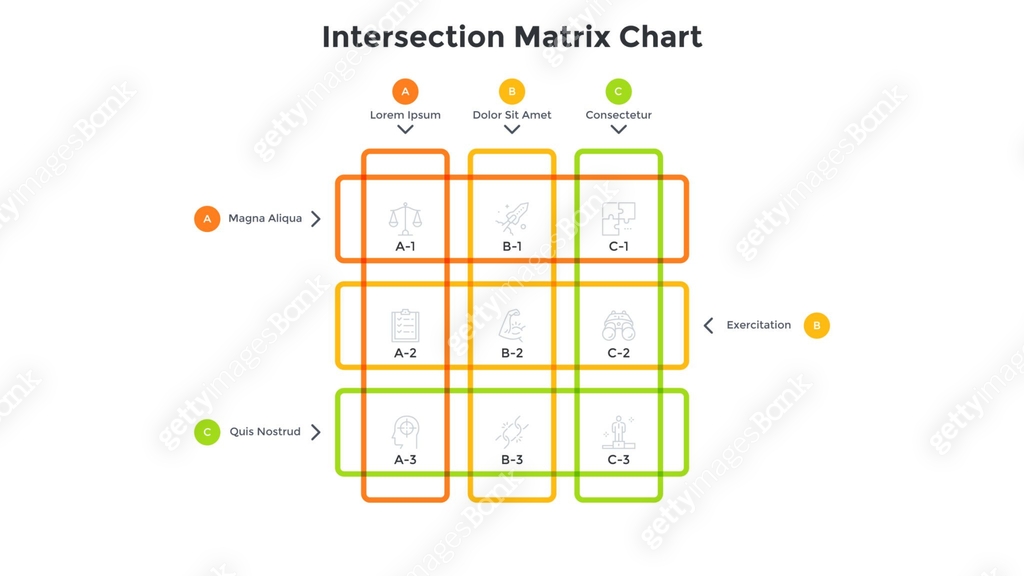Matrix diagram with linear intersected elements, 9 colorful square ...