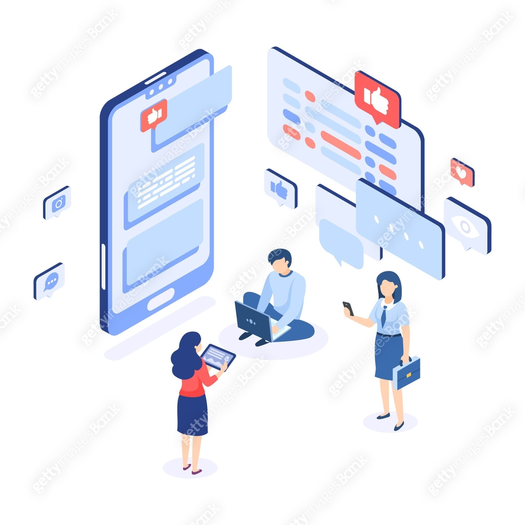 Social networking. Group chatting isometric concept. People writing ...