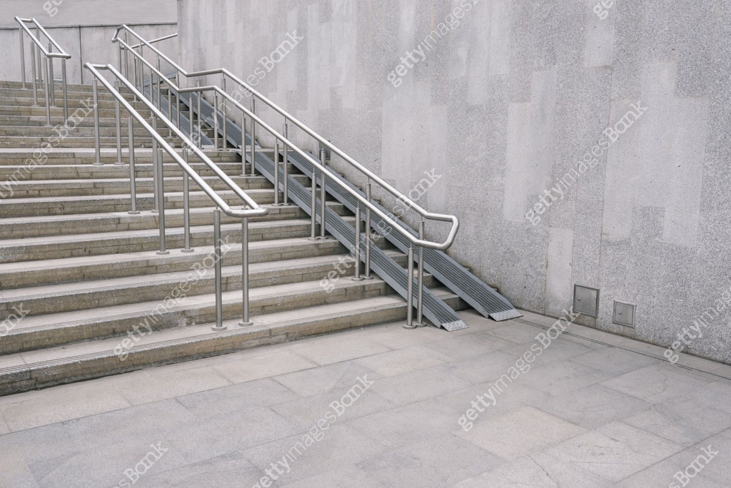 Passage Ramb Outdoor staircase and wheelchair ramp. Urban interior. Exit or entrance ...