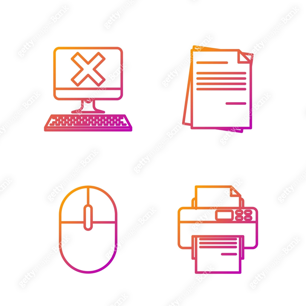 Set line Printer, Computer mouse, Computer with keyboard and x mark and ...
