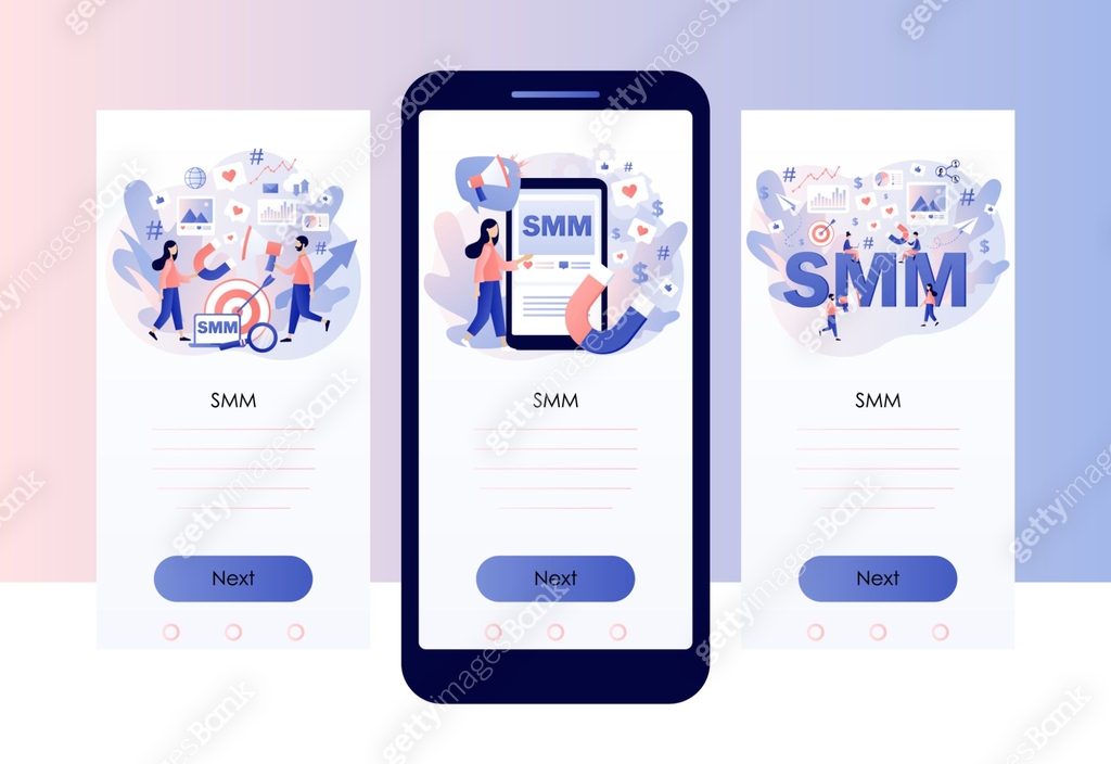Smm Project App SMM concept. Digital marketing, online advertising. Tiny people work ...