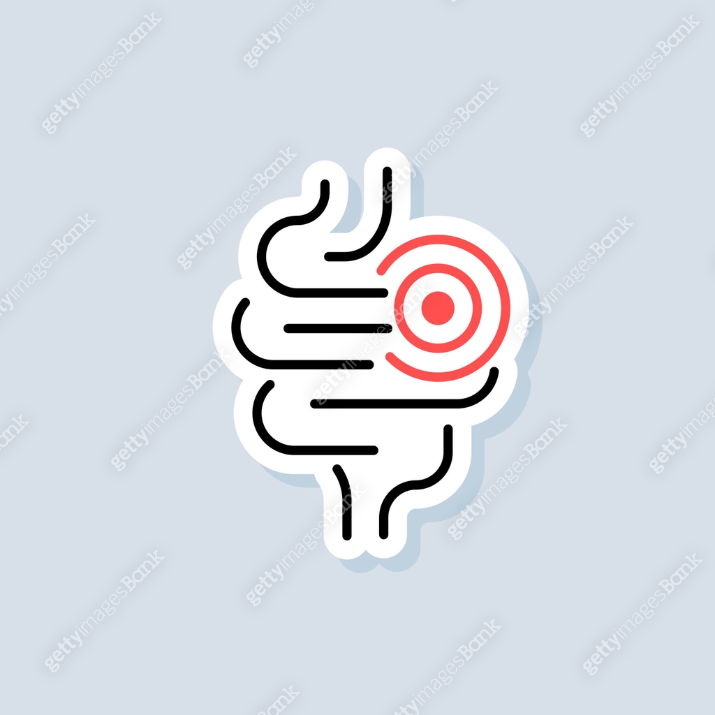 Abdominal bloating sticker. Not healthy digestive tract icon ...