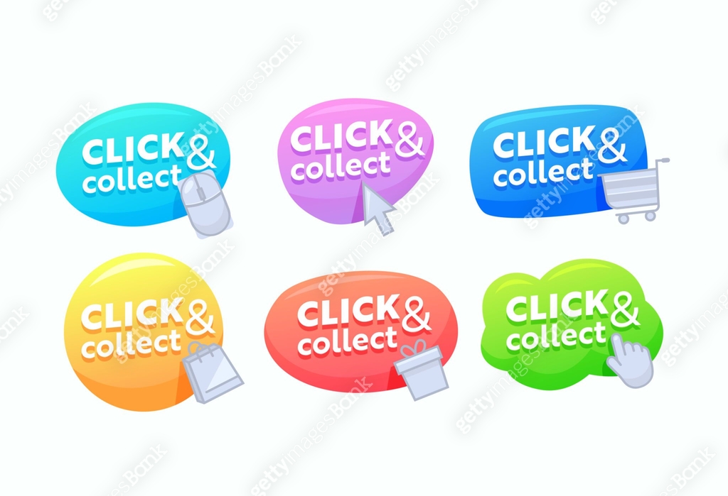 Click Banner Icon Set of Click and Collect Banners, Colorful Speech Bubbles, Digital ...