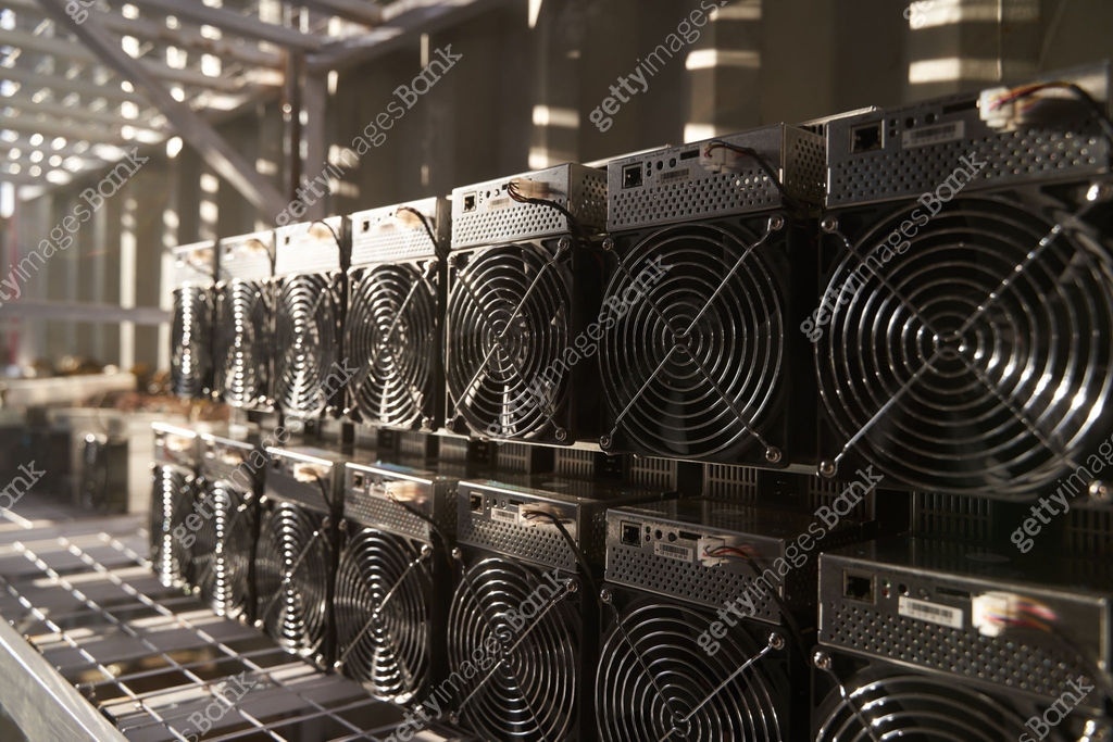 Bitcoin ASIC miners in warehouse. ASIC mining equipment on stand racks ...