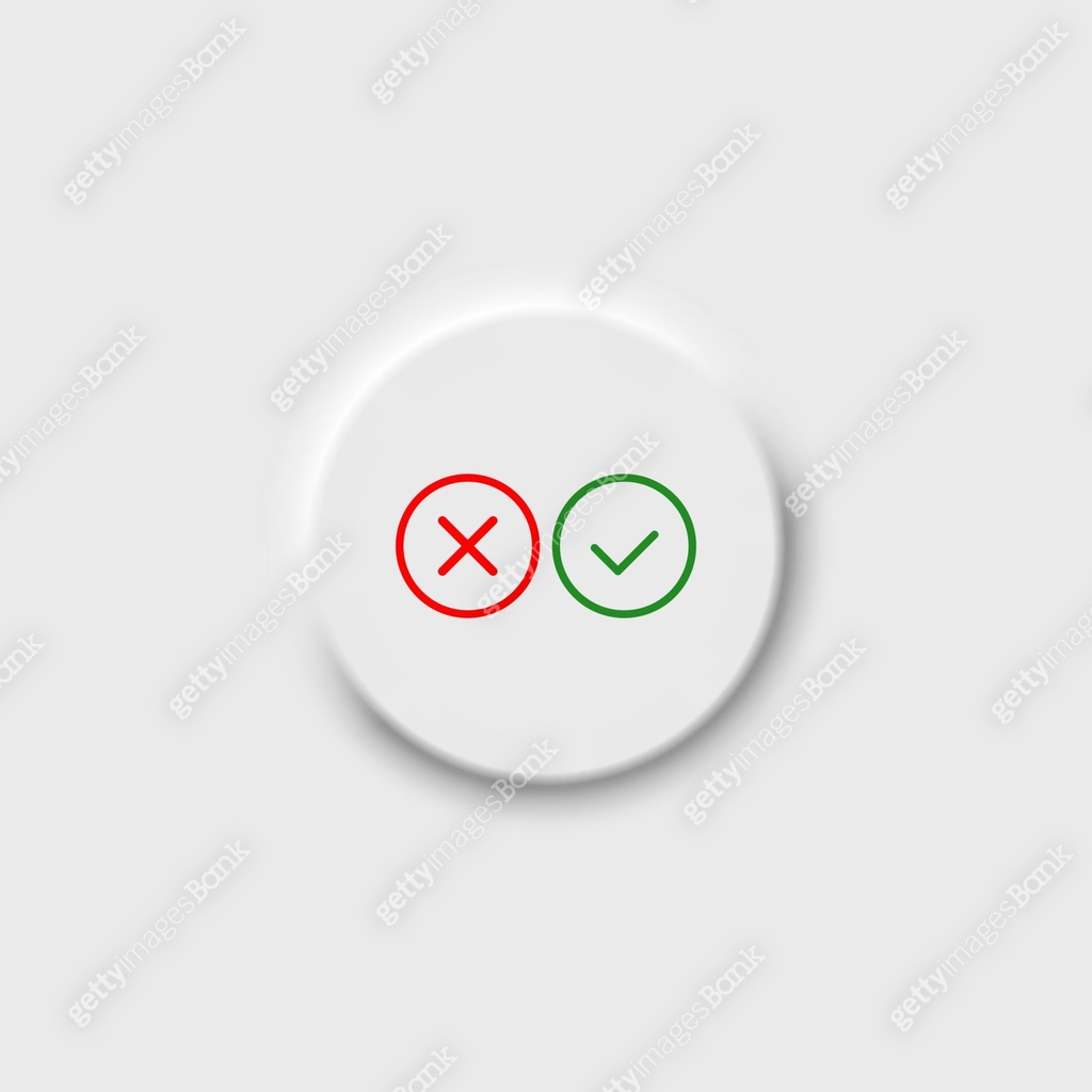 Approve and Reject on neomorphism button icon in color. Simple cross ...