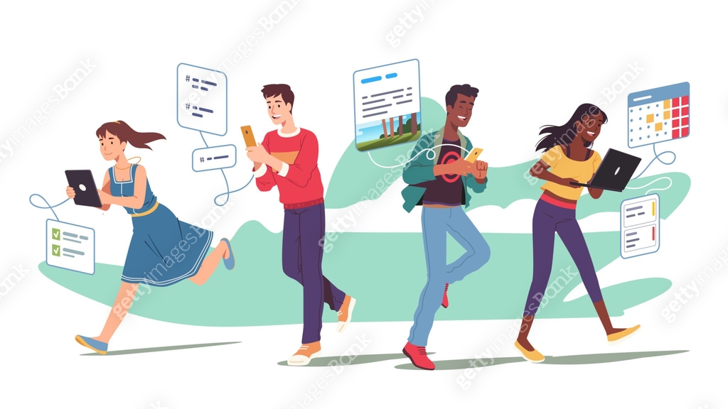 Communication technology concept. People texting, planning, scheduling ...