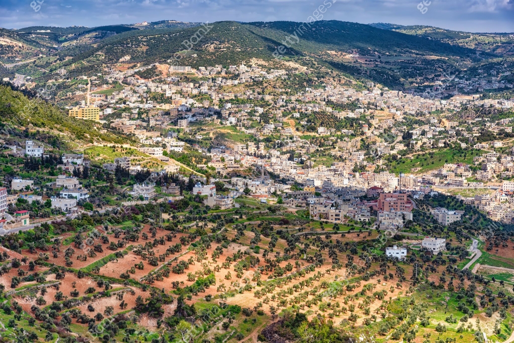 Aerial view of Ajloun town from Rabad castle, Jordan 이미지 (1335563109 ...