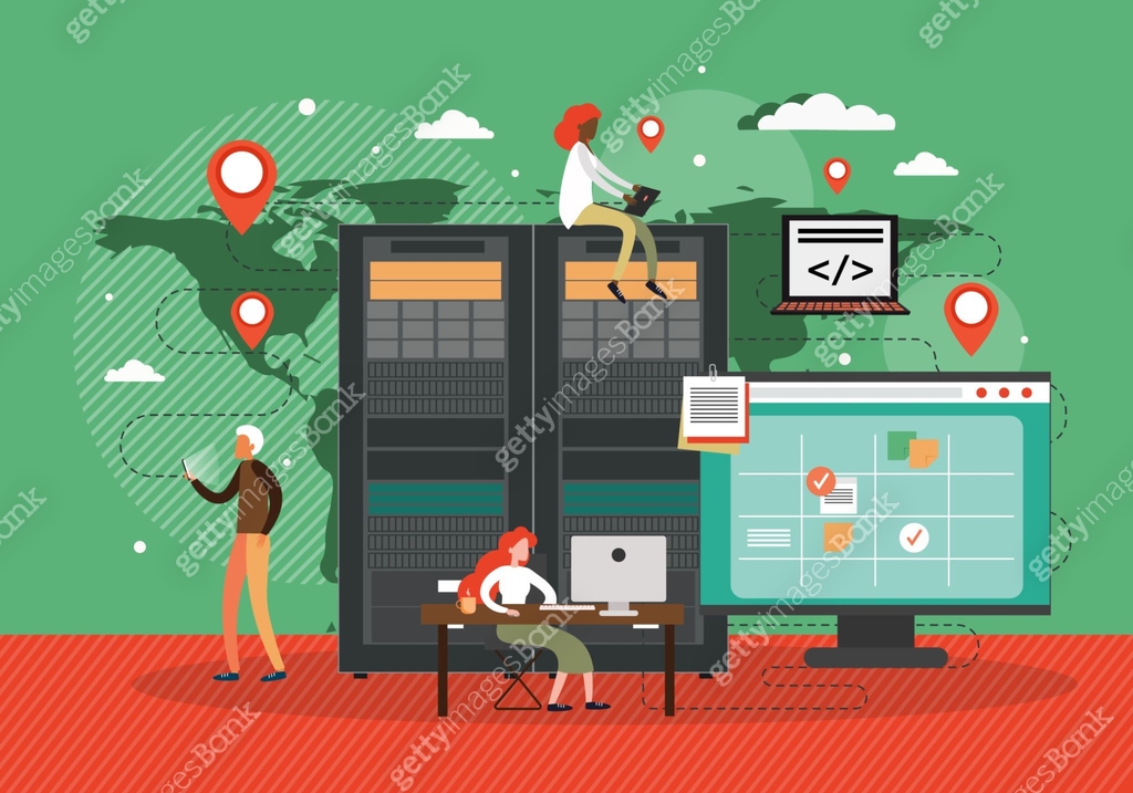 Computer server racks, engineers developing software. Data storage and ...