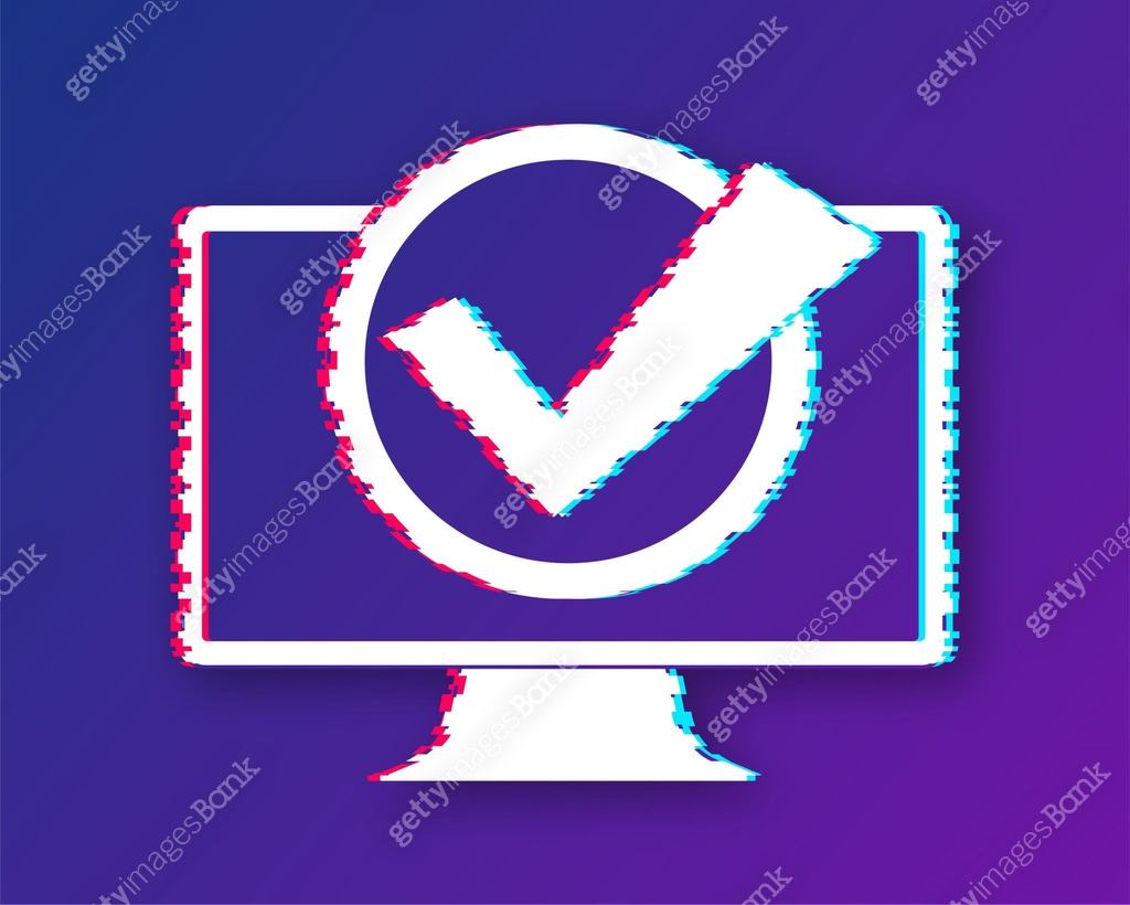 Computer with checkmark or tick notification in bubble. Approved choice ...