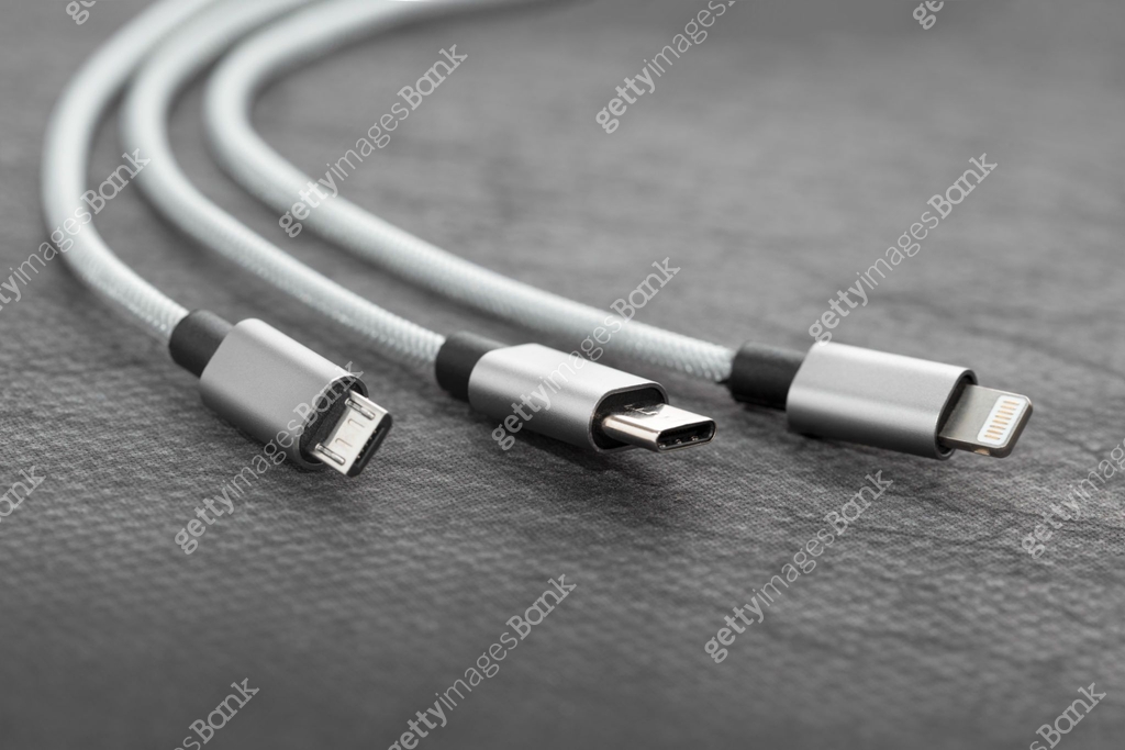 Peripheral Connection Types Three types of peripheral connections and charging or data cables ...
