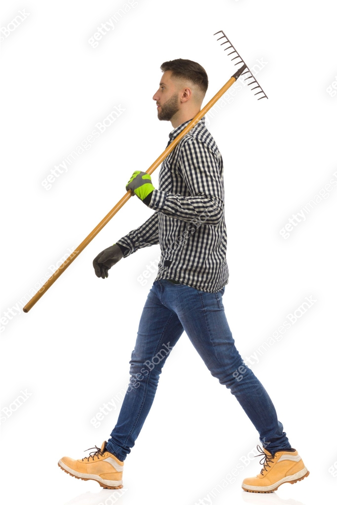 Gardener is walking and holding rake on a shoulder. Side view. Studio ...