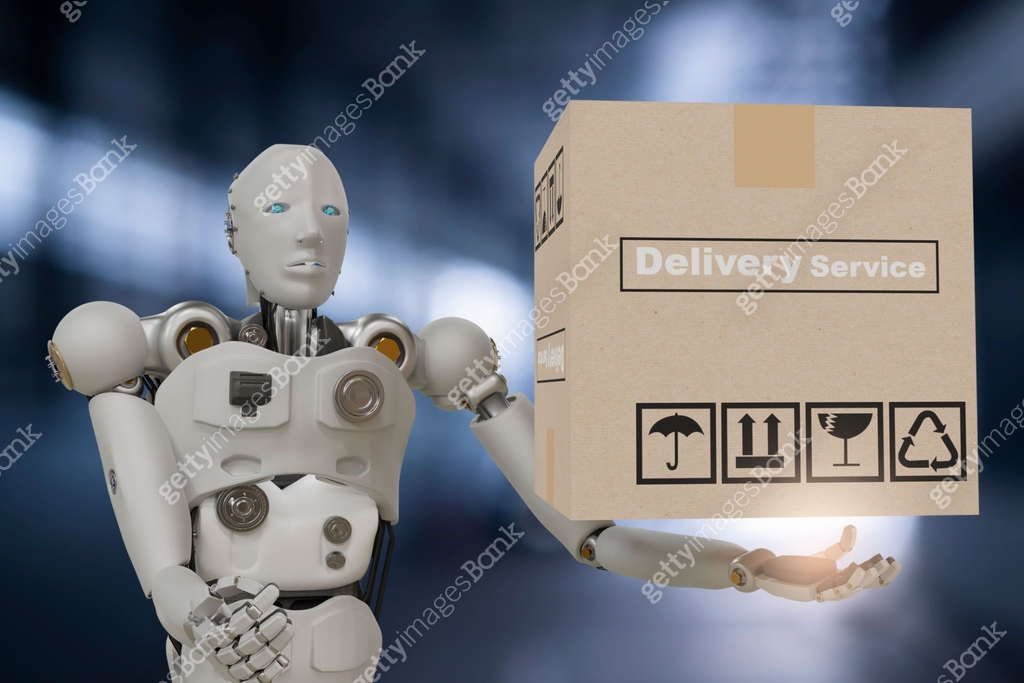 Robot cyber future futuristic humanoid hold box product technology ...