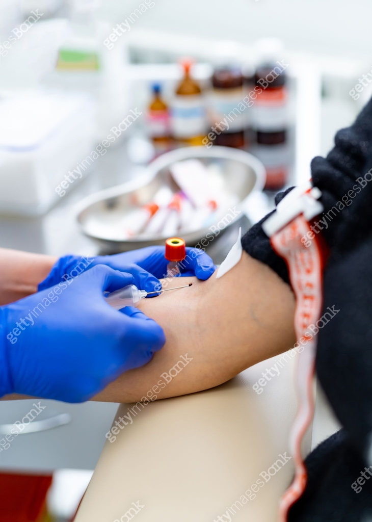 Modern hospital injection with needle. Medicine doctor hand blood ...