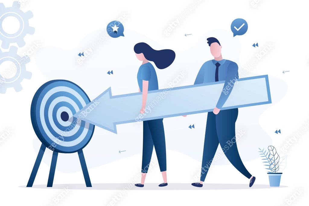 Shared goals, teamwork. Business people holds big arrow and aim at ...