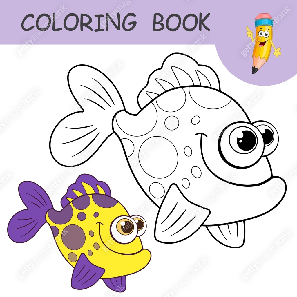 Color Less Fish Coloring book with cute exotic Fish. Colorless and color samples ocean ...