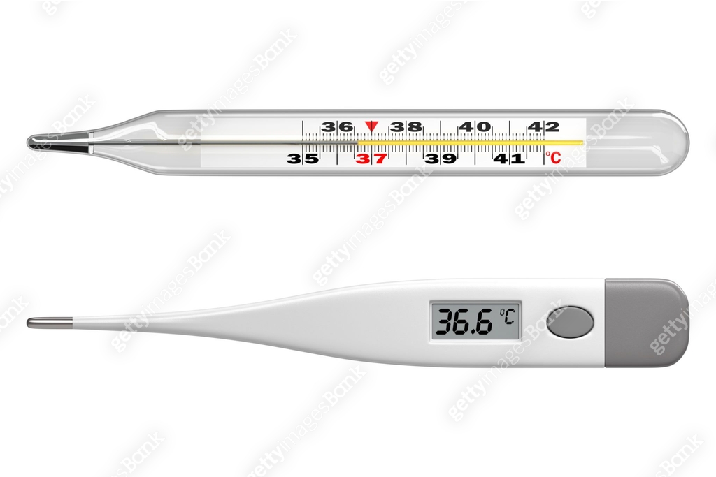 Comparison of mercury and digital thermometers. Both show normal ...