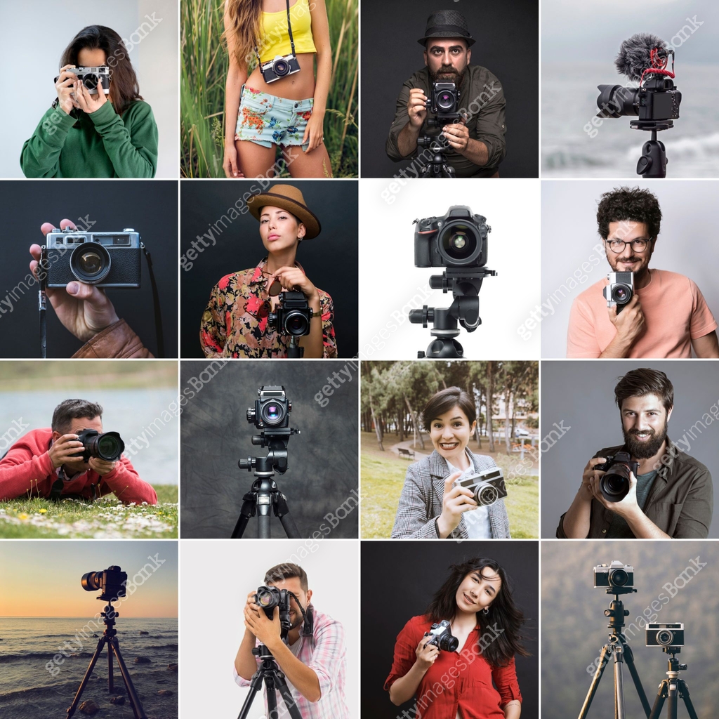 Multiple image of various photographer portraits with different type of ...