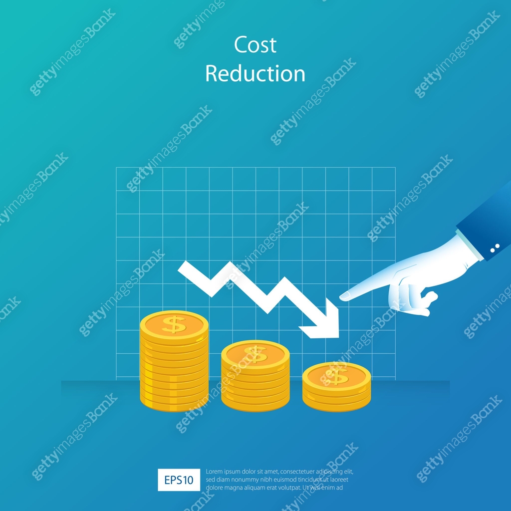 Cost reduction concept. decrease arrow and pointing finger vector ...