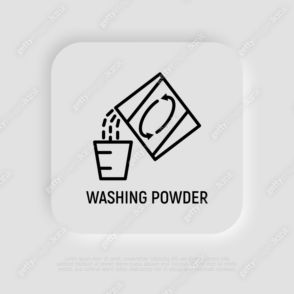 Washing powder thin line icon: laundry powder pour in measuring cup ...