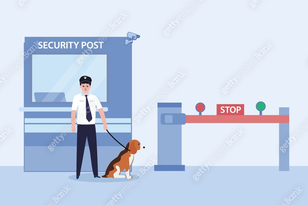 Security man working in security post with dog 이미지 (1357694607) 일러스트 ...