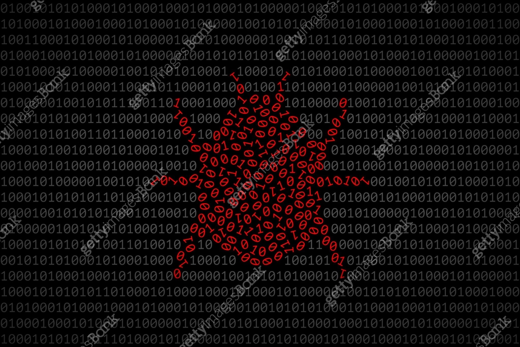 Bug silhouette composed from red 0 and 1 digits over binary code 이미지 ...