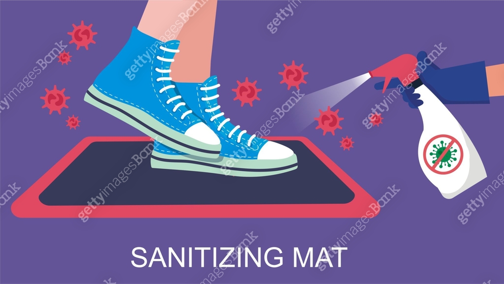Clean Mat Sign Disinfection mat with footprint sign in flat design. Sanitizing mat to ...