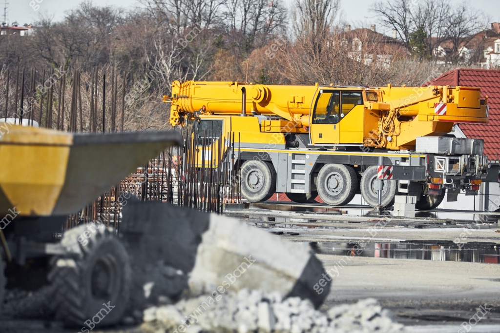 Heavy construction machines outdoors for public place reconstruction ...