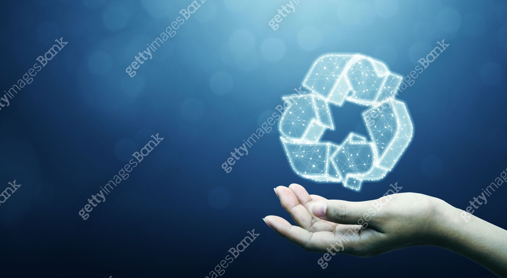 Reuse, reduce, recycle concept. Hand holding icon 3d recycle wireframe ...