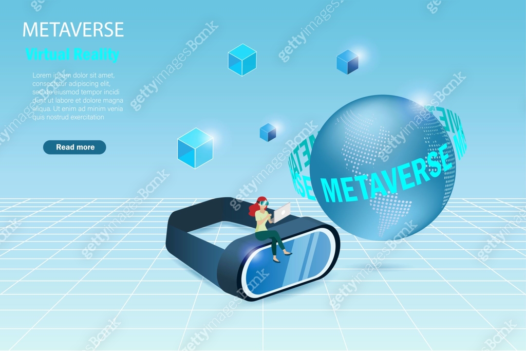 Metaverse VR goggle glass in virtual reality environment. Woman ...