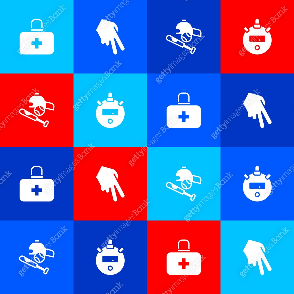 Set First aid kit, Baseball glove, bat with ball, hat and Stopwatch ...