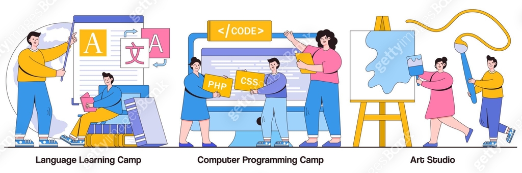 Language Learning, Computer Programming Camp and Art Studio Illustrated ...