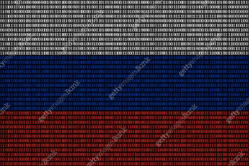 Russian flag superimposed on duplicate computer code that permeates ...