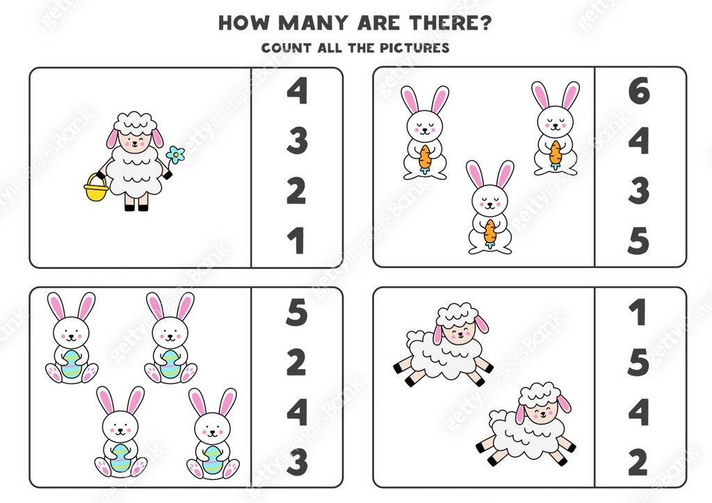 Counting Rabbits Worksheet Counting game with Easter rabbits and sheep. Educational worksheet. 이미지 ...