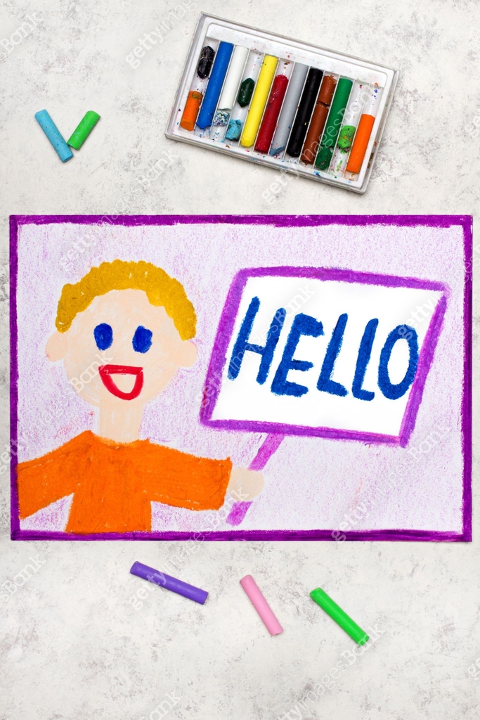 Colorful drawing: smiling boy holding a white sign with word HELLO 이미지 ...