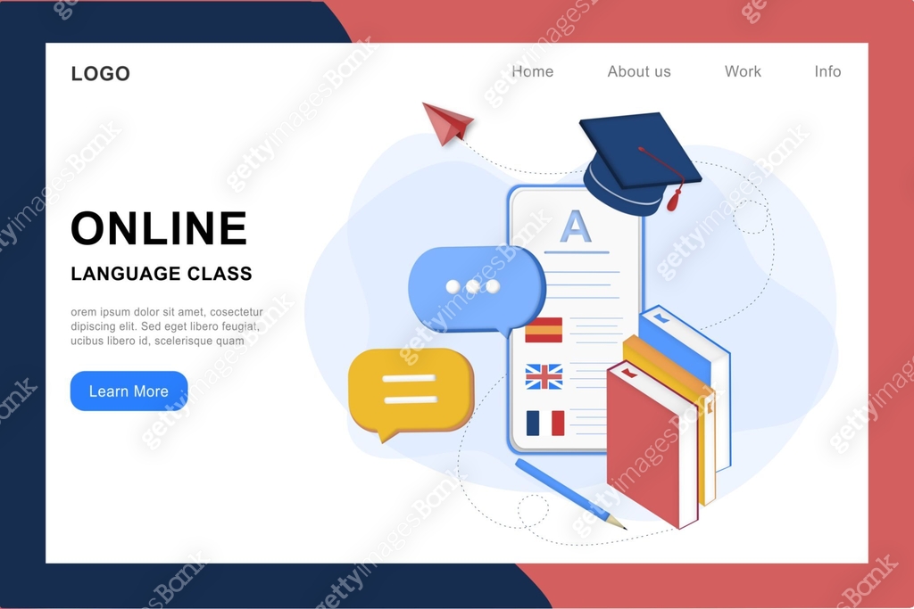 Language Course Banner Modern 3D isometric of online languages learning, language courses ...