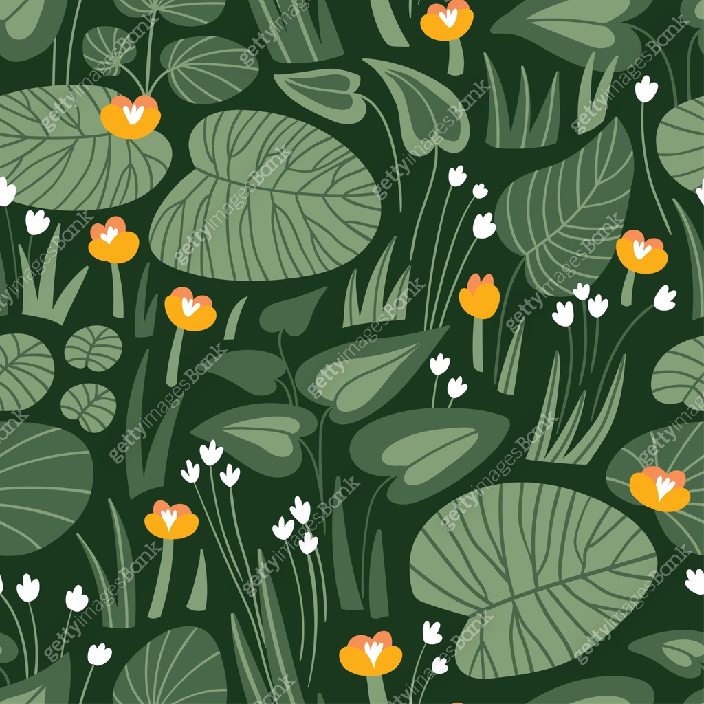 Marsh plants and flowers. Seamless pattern in hand-drawn style. Vector ...